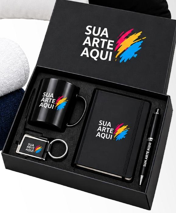 Kit corporativo com caneca, caderno, chaveiro e caneta