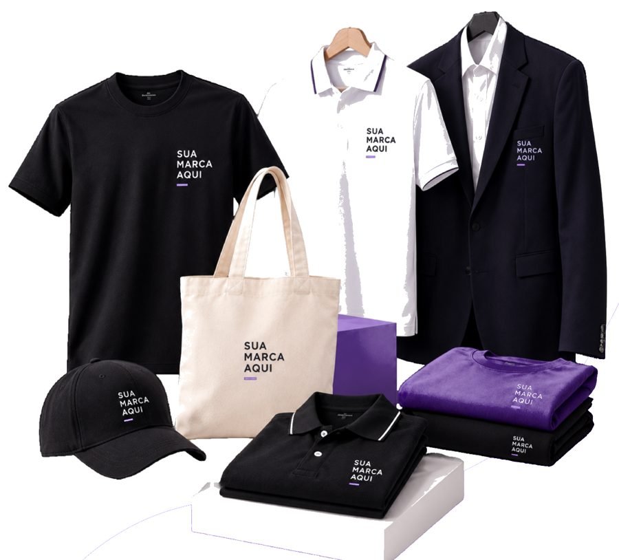 Camiseta, polos, blazer, boné e ecobag com espaço para a marca